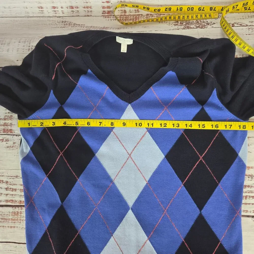 Talbots Blue Argyle Long Sleeve V-Neck Sweater S Red Metallic Thred Prep Casual